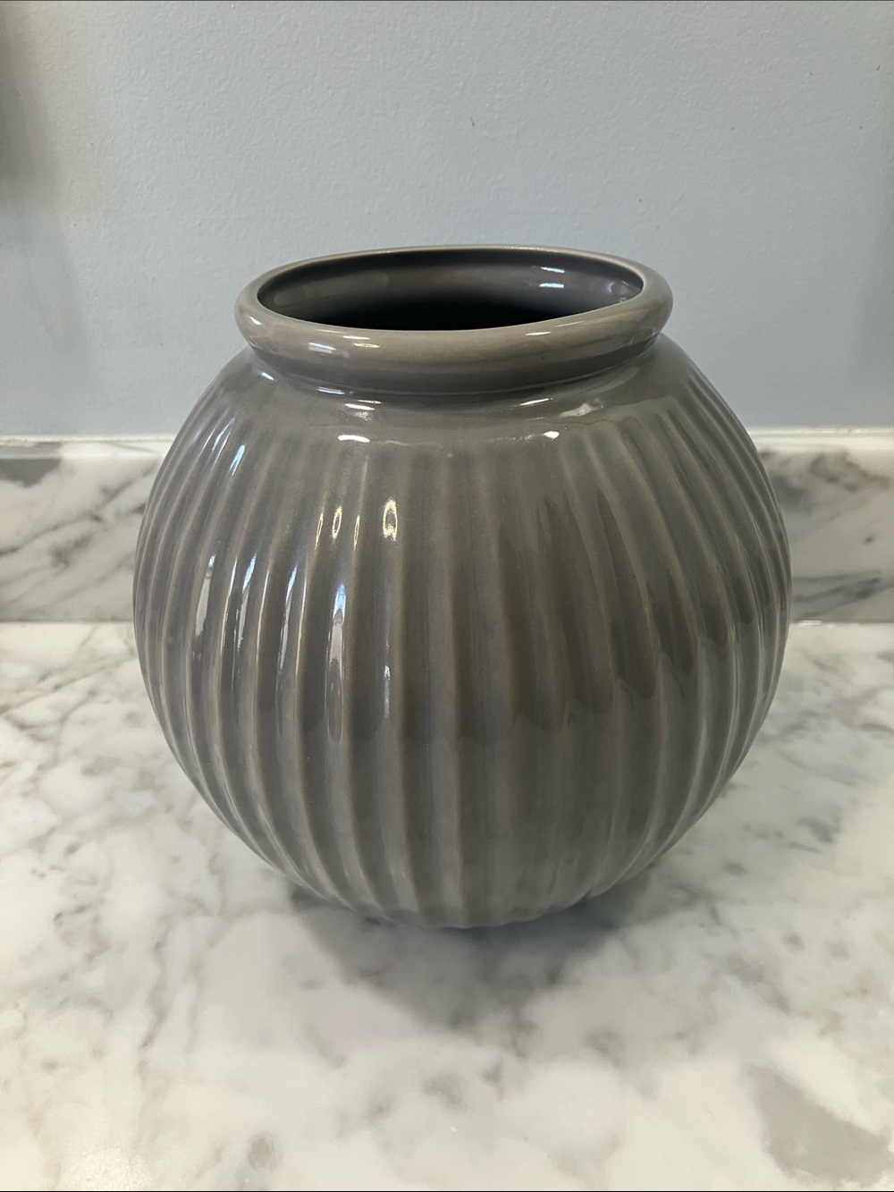 IKEA Gray Ribbed Ceramic Globe Vase 7in tall round ball stoneware